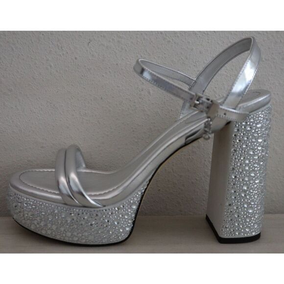 Michael Kors Women Sz 8.5M Silver Metallic Embellished Laci Platform Sandals - Picture 3 of 11